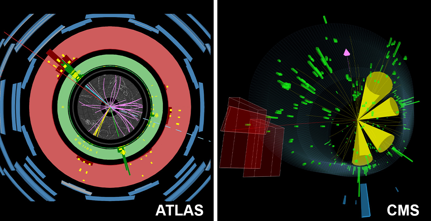 Image shows collision event displays of top-quark production from ATLAS (left) and CMS (right).